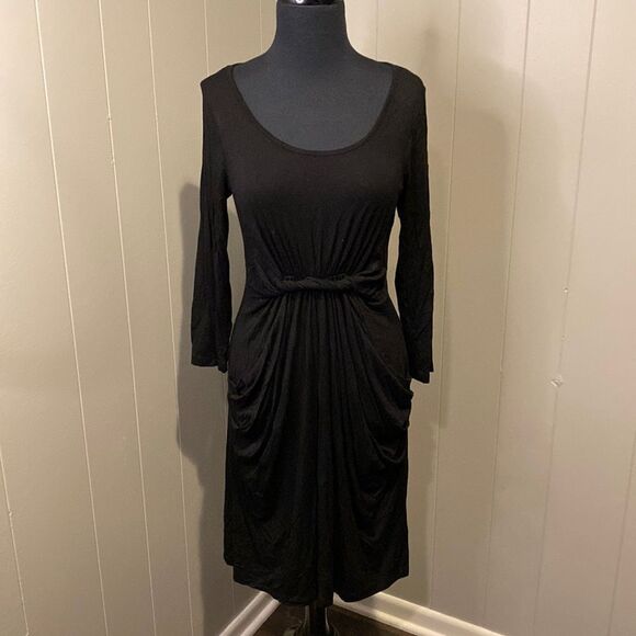 Pink Lotus Small Cropped Long Sleeve Dress Black Wide Neck Twist Midsection - Picture 1 of 8